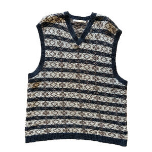 Vintage VTG Perry Ellis‎ Vneck Geometric Stripe Knit Grandpa Sweater Vest Men XL